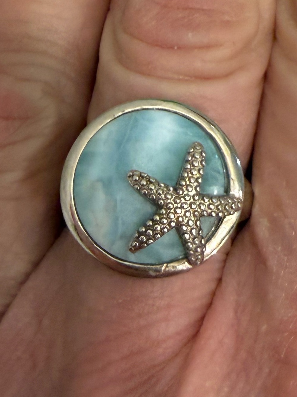 Ocean Star Larimar Ring Sterling Silver 925 Starfish Cocktail Ring SZ 7